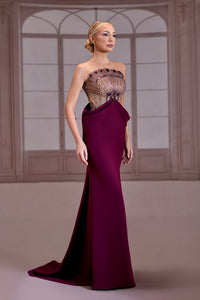 Sheer beaded bodice dress with structured peplum Purple / US 6 Sheer beaded bodice dress with structured peplum Purple / US 6