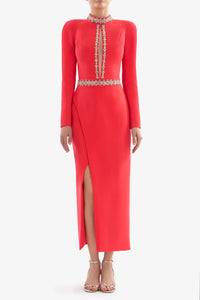 knee length dresses for ladies Crystal Embellished Crepe Long Midi Dress with A Side Slit 40 (FR) / White