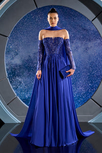 Her Trove-Mousseline gown featuring off shoulder beaded top