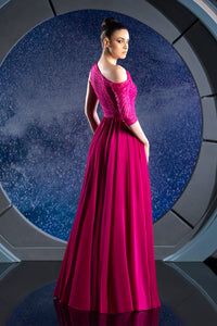 Her Trove-One shoulder beaded torso with mousseline skirt
