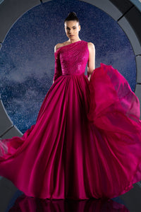 Her Trove-One shoulder beaded torso with mousseline skirt