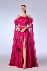 Her Trove-Off shoulder mousseline dress with feathers