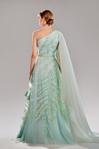 Her Trove-Asymmetrical neckline embroidered gown