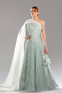 Her Trove-Asymmetrical neckline embroidered gown