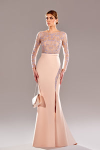 Her Trove-Beaded bodice crepe mermaid gown