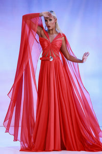 flowy cape dress Flowy Chiffon Cape Panel Satin Sleeveless Dress in Champagne for Cocktail Parties & Dinner Dates yellow M