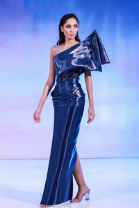 Her Trove-Asymmetric neckline beaded mikado dress