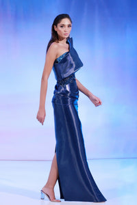Her Trove-Asymmetric neckline beaded mikado dress