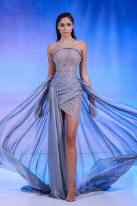 Her Trove-Short beaded dress featuring flowy overskirt