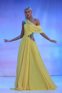 Asymmetric Neckline Flowy Mousseline Dress FR 52 / Yellow