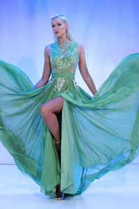 Flowy pleated mousseline dress with embroidery FR 40 / Green Flowy pleated mousseline dress with embroidery FR 40 / Green