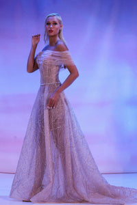 Her Trove-Off-shoulder beaded dress with belt