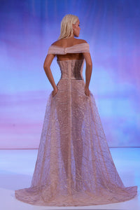 Her Trove-Off-shoulder beaded dress with belt