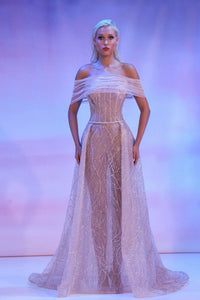 Her Trove-Off-shoulder beaded dress with belt