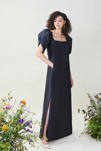 HerTrove-Petal sleeves A line taffeta gown