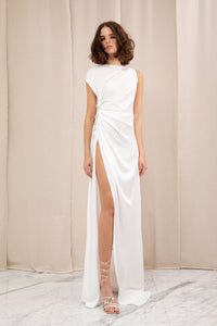 HerTrove-Short sleeves satin dress with side slit