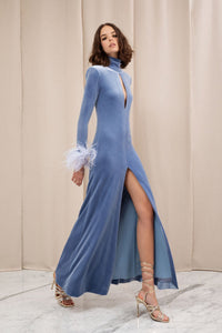 HerTrove-Long sleeves velvet dress with feathers