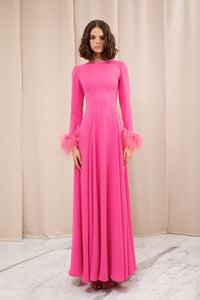 HerTrove-A line crepe dress with feather sleeves