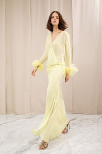 HerTrove-Long sleeves dress with pleats and feathers