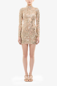 Embroidered Tulle Mini Dress with High Neck Gold / Custom Embroidered Tulle Mini Dress with High Neck Gold / Custom
