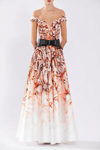 Her Trove - Off shoulder mikado printed gown