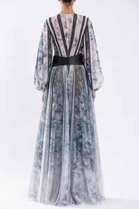 Her Trove - Puff sleeves printed tulle dress