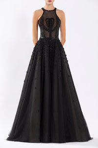 Her Trove - Halter neck tulle beaded gown
