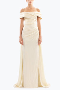HerTrove-Gold Lame Off Shoulder Dress