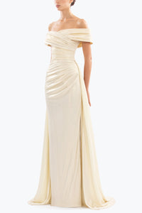 HerTrove-Gold Lame Off Shoulder Dress