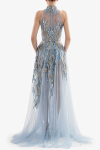 HerTrove-Sleeveless halter neck beaded dress