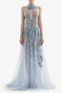 HerTrove-Sleeveless halter neck beaded dress
