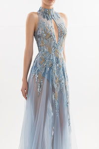 HerTrove-Sleeveless halter neck beaded dress