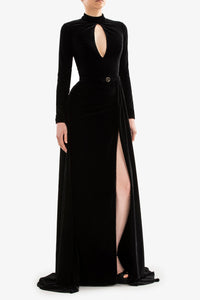 HerTrove-Velvet gown with cutout and train







