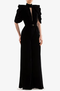 HerTrove-Gathered bodice velvet jumpsuit





