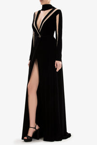 HerTrove-Long sleeves velvet dress with crystals





