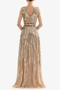 HerTrove-Plunging neckline georgette dress with gold sequins






