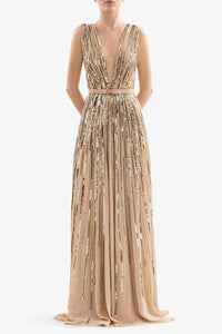 HerTrove-Plunging neckline georgette dress with gold sequins






