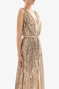 HerTrove-Plunging neckline georgette dress with gold sequins






