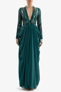 HerTrove-Deep V neckline georgette dress with sequins