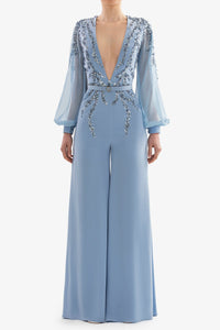 HerTrove-Beaded crepe jumpsuit with muslin sleeves






