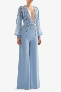 HerTrove-Beaded crepe jumpsuit with muslin sleeves






