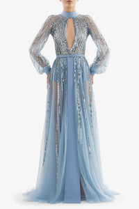 HerTrove-Long sleeves embroidered tulle dress