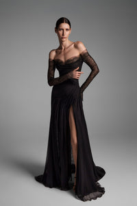 HerTrove-Off-shoulder lace and chiffon gown