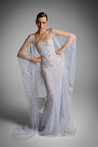 HerTrove-Tulle gown with celestial embroidery and cape