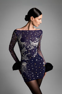 HerTrove-Tulle short dress with silver embroidery