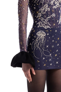 HerTrove-Tulle short dress with silver embroidery