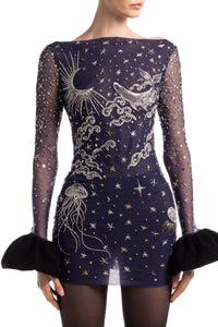 HerTrove-Tulle short dress with silver embroidery