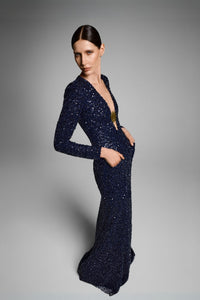 Navy sequin fit-and-flare dress with celestial Sun detail FR 42 / Navy