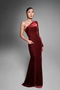 HerTrove-Velvet one-shoulder gown with brass celestial details