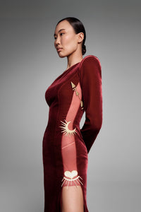 HerTrove-Velvet one-shoulder gown with brass celestial details
